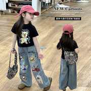 女童印花牛仔裤夏装2024韩版时髦儿童薄款长裤女宝夏季直筒裤