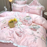 粉色可爱公主风女孩儿童房床上四件套纯棉100全棉被套床单三件套4