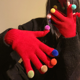 新年红色针织毛线球球手套露指可触屏冬季女保暖防冻骑行毛绒手套
