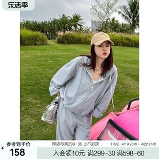 DM100大码百分百女装微胖2024春季运动连帽卫衣休闲长裤套装