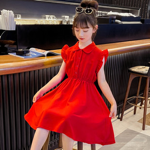 女童连衣裙夏装洋气红色裙子儿童背心裙飞袖棉布裙女孩公主裙