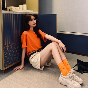 橙色短袖t恤女宽松纯色圆领半袖纯棉简约橘色上衣2024年夏季