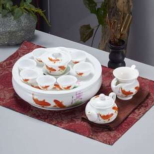 潮汕带茶盘功夫茶具套装家用圆形陶瓷白瓷，茶壶茶杯现代简约小套