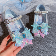 爱莎公主鞋2024小女孩水晶鞋，女宝宝魔术，贴鞋子蓝色儿童平底鞋