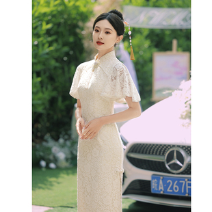 白色旗袍敬酒服新娘订婚小礼服连衣裙平时可穿领证登记小白裙蕾丝
