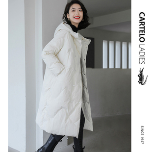 鳄鱼白色连帽中长款羽绒服女冬季韩版休闲高端小个子长款棉服