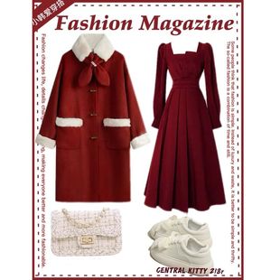 大码冬装新年战袍过年套装红色法式复古大衣内搭连衣裙职业两件套