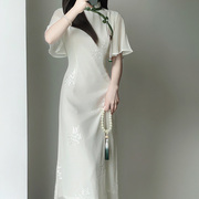 白色雪纺绣花倒大袖旗袍2024年夏季新中式国风少女温婉淑女连衣裙