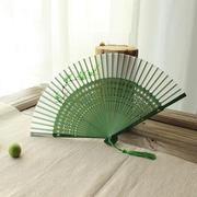 青梅 手绘日式Y和风女式扇子中国风折扇竹柄扇扇真丝扇子