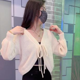 v领灯笼袖短款开衫针织披肩，外套女2023秋韩版蝙蝠袖毛线上衣