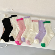 糖果色袜子女夏季镂空网眼中筒袜撞色堆堆袜夏天薄款透气纯色棉袜