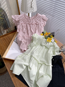 韩版时尚圆领飞飞袖粉色，上衣女春夏法式甜美设计感小众衬衫