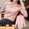 果粉色高端长袖连体衬衫，女职业工作装连裤衬衣修身显瘦弹力大码