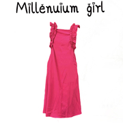 法式气质飞飞袖玫红色连衣裙女夏季方领裙子，小众设计感长裙a字裙