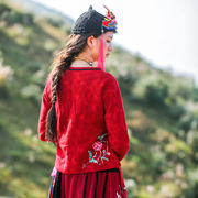 原创设计民族风女春秋长袖上衣短外套红刺绣百搭复古文艺气质休闲