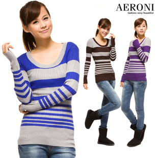  艾偌尼秋冬装新款 修身弹性打底衫 圆领条纹针织衫女 529851