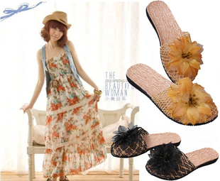 甜美编织网托鞋波，西米亚大花朵蕾丝沙滩鞋，时尚懒人包头女拖鞋