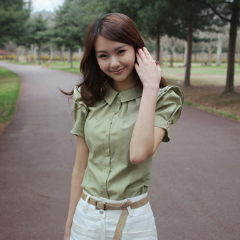 韩版修身泡泡袖荷叶边...