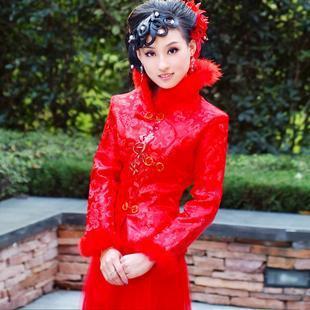  红色结婚旗袍新娘敬酒服长款 冬季夹棉长袖晚礼服婚纱孕妇可穿795