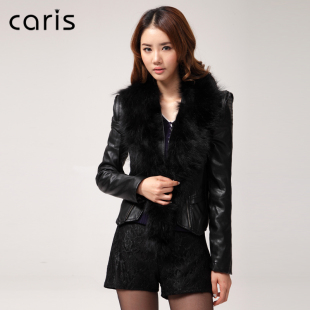  caris 秋冬装韩版貉子毛领PU皮衣女短款修身 夹克女外套 包邮