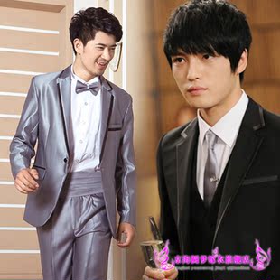  男士演出服新郎修身礼服韩版伴郎影楼拍照结婚银灰色黑色西服套装