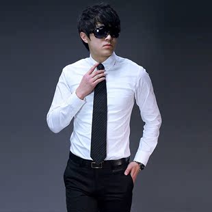  阿束男装 韩版时尚纯棉修身潮个性 扣领尖领长袖男式衬衫AS0761