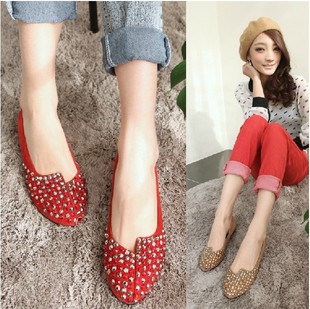  羊皮水钻串珠平跟女婚鞋真皮平跟新娘鞋水钻平底单鞋平底婚鞋红色