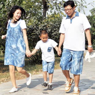  依素芳典原创亲子装 夏装扎染薄牛仔吊带裙短袖衫两件套 儿童套装