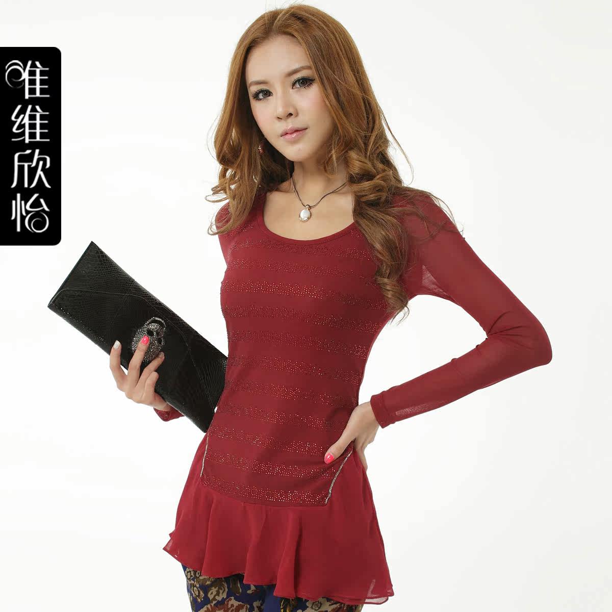 2012秋装新款韩版女装秋冬新品烫钻打底衫修身上衣弹力长袖蕾丝衫
