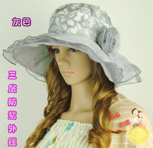 韩版印花大花朵遮阳帽太阳帽大沿帽沙滩帽 防紫外线帽子 女 夏天