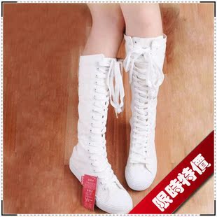 韩版帆布靴 侧拉链款系带帆布高筒机车骑士靴子 白潮流女款舞蹈靴