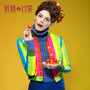 妖精的口袋【ELF SACK】 金龟子~冬装惊艳荧光色条纹拼接复古棉衣