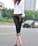 夏装2012新款韩版女装显瘦小脚铅笔裤蕾丝翻边九分裤修身牛仔裤
