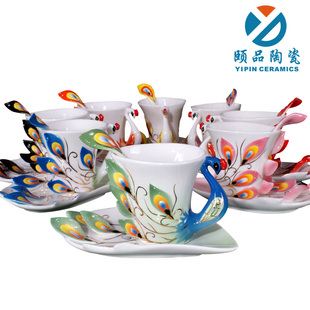 秒杀 七彩珐琅瓷孔雀咖啡杯 火凤凰杯 情侣对杯 套装特价B100