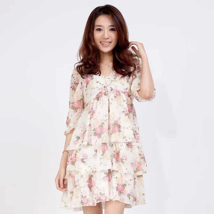 Aozi 2012夏vivi日系雪纺衫碎花荷叶边高腰春款连衣裙 女ZH111