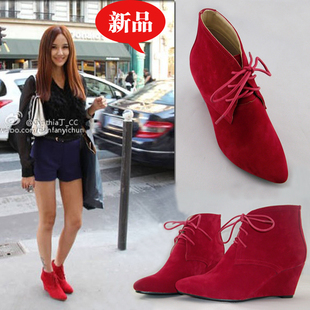  阿爆新款ZARA春秋坡跟短靴裸靴高跟婚鞋红色靴子尖头女鞋