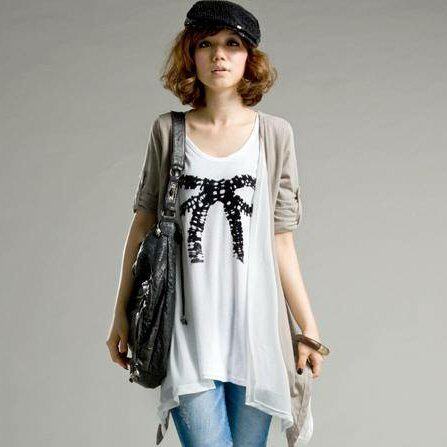 2012春装新款 女装特价 SJ537 大蝴蝶结雪纺拼接假两件T恤
