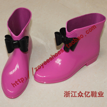 2012热卖新款蝴蝶结雨鞋 玫红色雨靴 低帮水鞋 防水靴 时尚单鞋