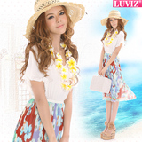 LUVIZ璐唯丝 2012夏装新款 女 蝙蝠袖拼接雪纺压褶连衣裙 2185