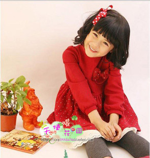  春款童装女童裙装韩版红色磨绒长袖连衣裙宝宝小洋裙儿童公主裙