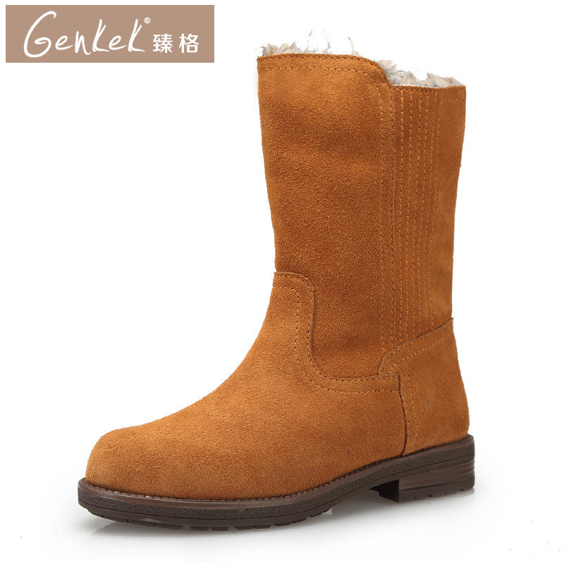 GENKEK/臻格 牛皮真皮雪地靴 绒毛冬季保暖中筒靴低跟女靴子