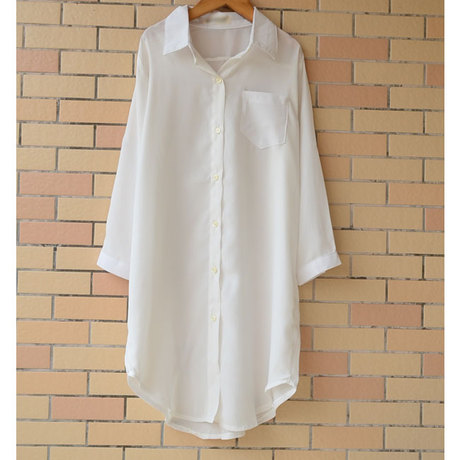 2014夏装女士雪纺衫中袖新款宽松长款女白衬