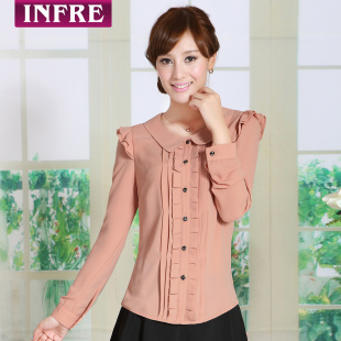  infre 秋装新款女装娃娃衫韩版雪纺长袖衬衫女士衬衣修身R030