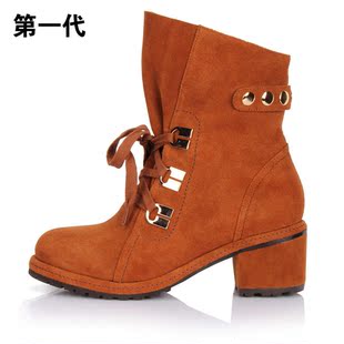  施萌 秋冬保暖短靴 全真皮女鞋 英伦时尚马丁靴 粗中跟女靴子