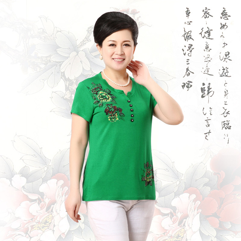 中老年女装夏季新薄棉t恤 夏款纯色透气老年人印花休闲弹力女T恤