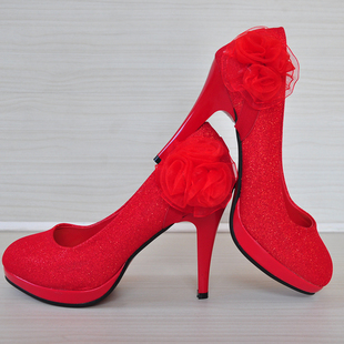  春夏新款红色新娘鞋 结婚鞋 蕾丝花朵 浅口细高跟绑带婚宴鞋