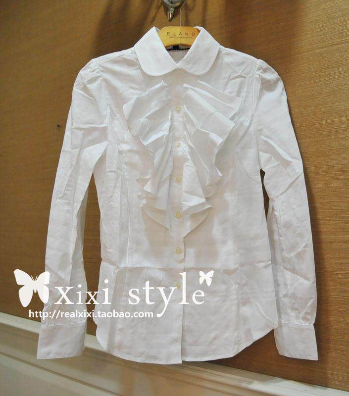 依恋ELAND专柜正品5.5折代购 荷叶边<span class=H>淑女</span>长袖白衬衫 EEYW94C07N
