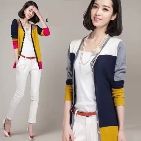 2014春季V领长袖撞色拼接<em>中长款开衫针织衫</em> 