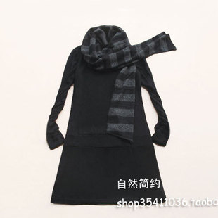 韩版 纯色圆领 黑色长袖淑女针织连衣裙 配条纹