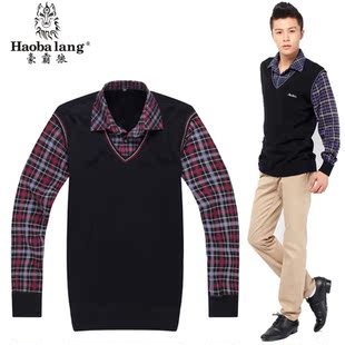  豪霸狼假两件衬衫领加绒加厚休闲保暖针织衫毛衣男士秋冬新款男装